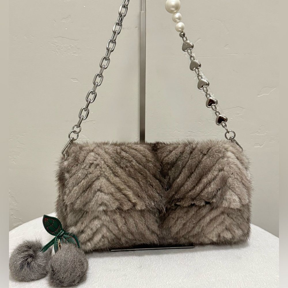 Gorgeous Real Mink Fur Handmade Zigzag Pattern Baguette Bag, Multi Use Style
